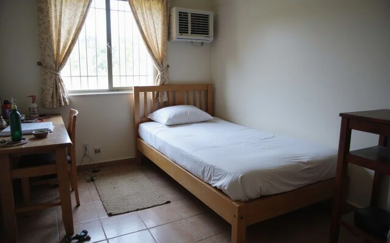A backpacker checking in at a simple, tidy budget homestay room in Kedah with a single bed and a small desk