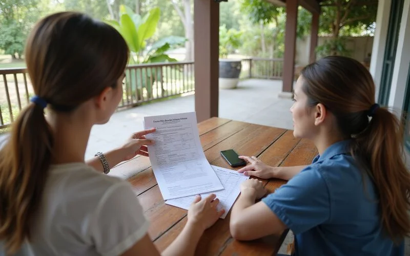 A guest video-calling a homestay host while looking at a floor plan on a laptop, comparing bedroom layout to the group's needs