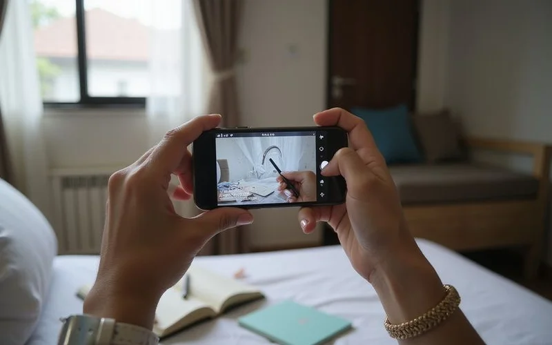 A guest photographing a maintenance issue in a homestay room to document it before messaging the host