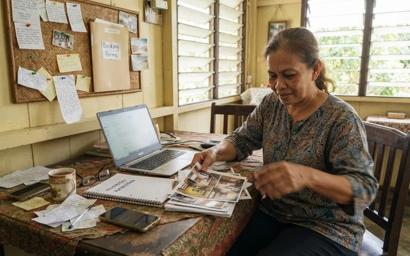 A researcher at a desk comparing rows of Kedah homestay listings on a screen next to a printed scoring rubric