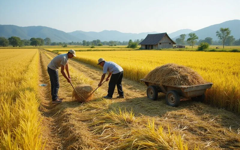 Golden paddy fields at a Kedah farmstay during harvest season with workers visible in the distance