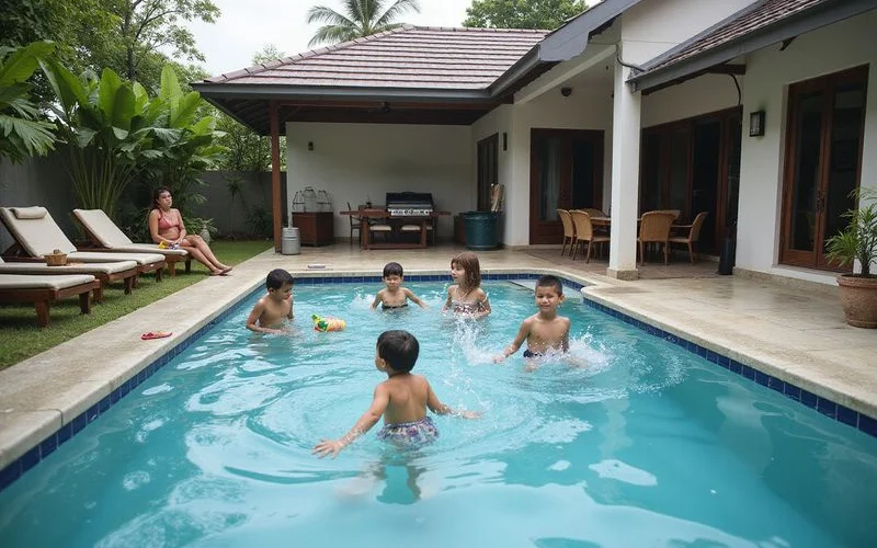 A group of friends relaxing by a private pool at a villa-style homestay in Kedah in the late afternoon